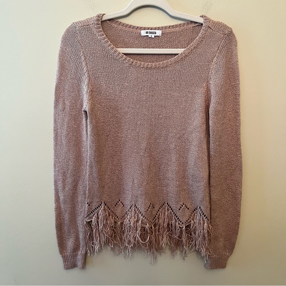 BB Dakota Hang Loose Marled Yarn Fringe Sweater Women’s Size Small Brown Boho